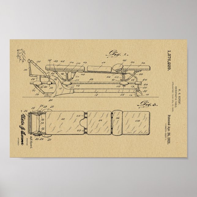 1921 Vintage Chiropractic Table Patent Art Print (Front)