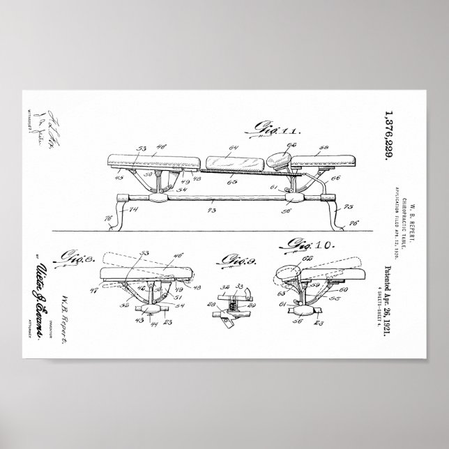 1921 Vintage Chiropractic Table Patent Art Print (Front)