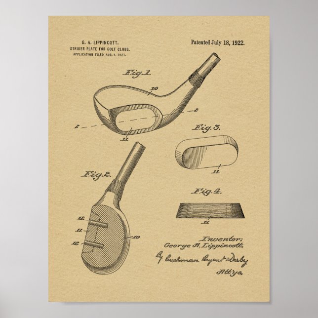 1922 Golf Club Head Design Patent Art Print (Front)