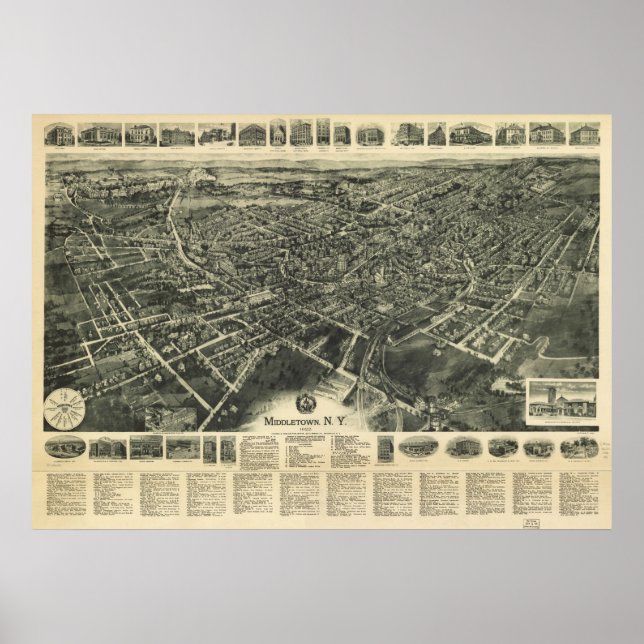 1922 Middletown, NY Birds Eye View Panoramic Map Poster (Front)