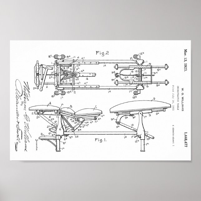 1923 Vintage Chiropractic Table Patent Art Print (Front)
