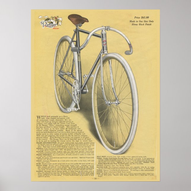1923 Vintage Ranger Racer Bicycle Ad Art Poster (Front)