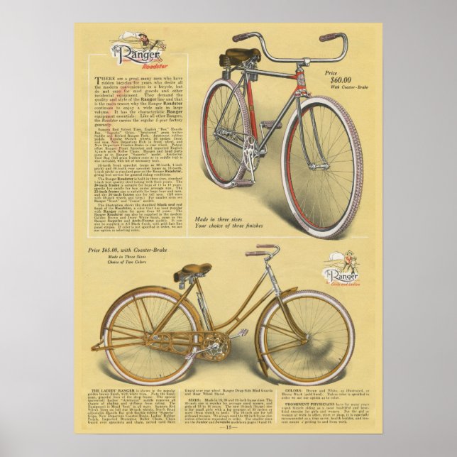 1923 Vintage Ranger Roadster Bicycle Ad Art Poster (Front)