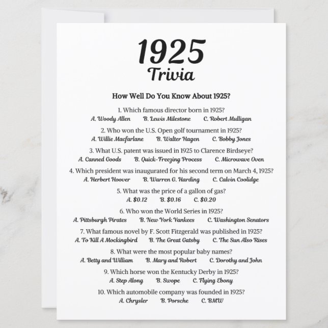 1925 Trivia Game | 100th Birthday Party Game (Front)