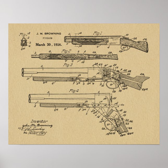 1926 Browning Shotgun Patent Art Drawing Print (Front)