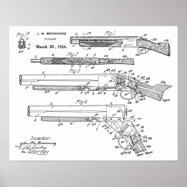 1926 Browning Shotgun Patent Art Drawing Print (Front)