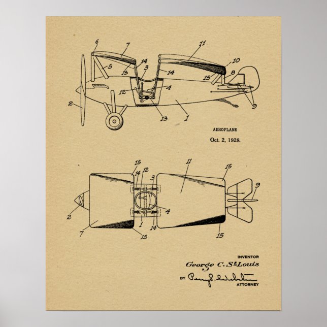1928 Roadable Airplane Patent Art Drawing Print (Front)
