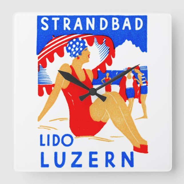 1929 Art Deco Strandbad Lido Luzern Square Wall Clock (Front)