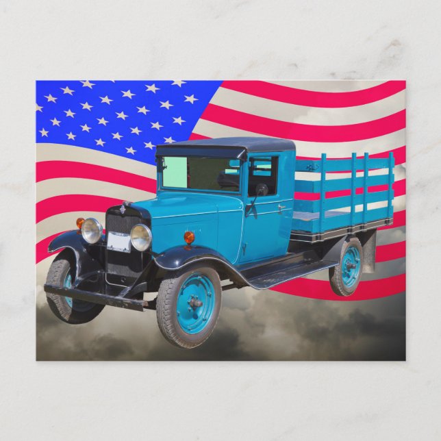 1929 Chevy 1 Tonne Truck and American Flag Postcard (Front)