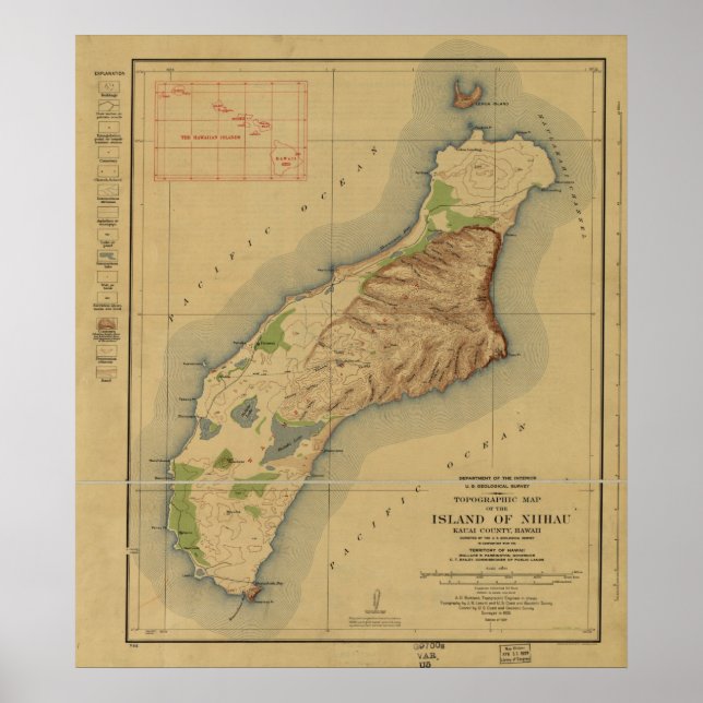 1929 Map of Niihau, Hawaiian Islands Poster (Front)