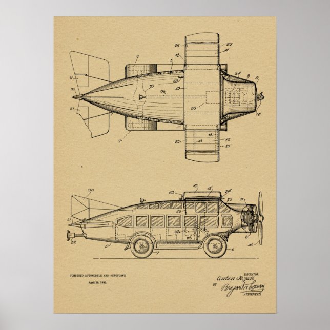 1930 Flying Car Aeroplane Patent Art Drawing Print (Front)