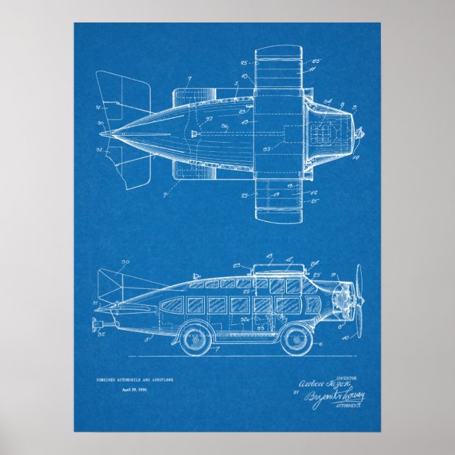 1930 Flying Car Airplane Patent Art Drawing Print (Front)