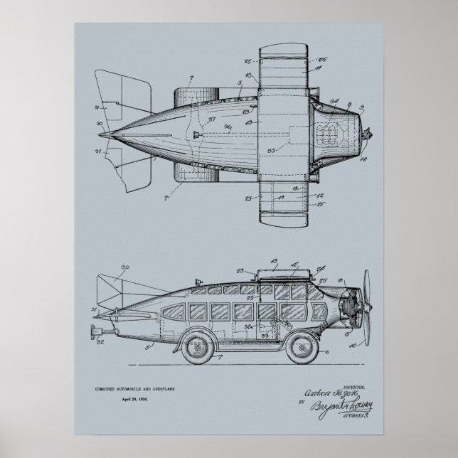 1930 Flying Car Airplane Patent Art Drawing Print (Front)