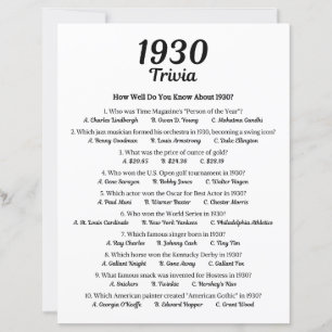 1930 Trivia Game   95th Birthday Party Game