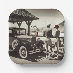 1930 Vintage Car Couple Black White Paper Napkins Paper Plate