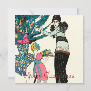1930 Vintage Woman Decorating Christmas Tree Card