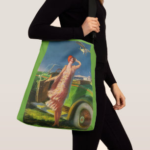 1930 woman car and aeroplane crossbody bag
