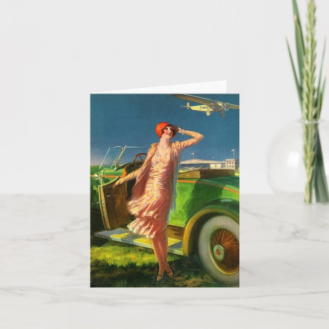 1930 woman car and aeroplane note card (Front)
