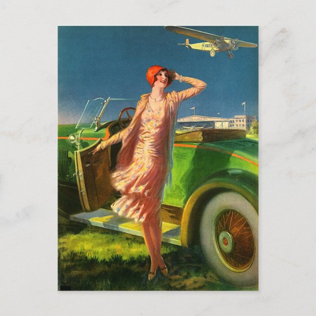 1930 woman car and aeroplane postcard (Front)