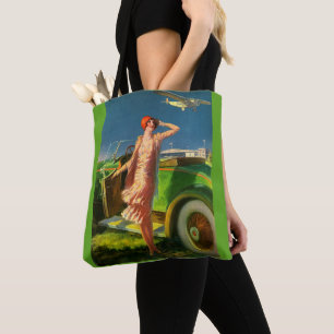 1930 woman car and aeroplane tote bag
