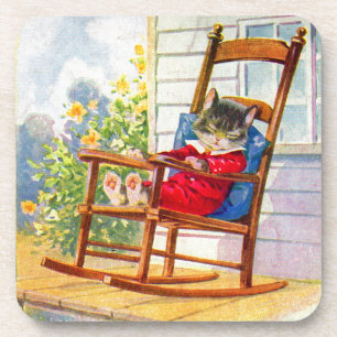 1930s adorable kitten napping on porch rocker coaster