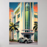 1930s art deco building entrance airbrush art poster<br><div class="desc">Stylised airbrush painting of the entrance area of an art deco building in the 1930s with a roadster parked in front.

Crafted using generative algorithms and Photoshop. This is another 100% original Snuggle Hamster design.</div>