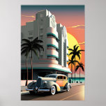 1930s Art Deco Miami Beach Ocean Drive sunset Poster<br><div class="desc">Airbrush painting of a sunset at Miami Beach in the 1930s featuring a stylish Art Deco hotel and a luxury roadster driving along Ocean Drive.

This is another 100% original Snuggle Hamster design.</div>