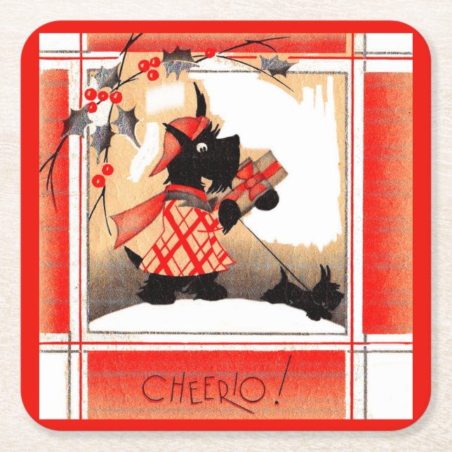  1930s Christmas Scottie dog says ‘Cheerio’ Square Paper Coaster (Front)