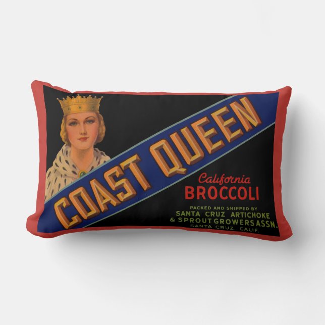  1930s Coast Queen broccoli crate label Lumbar Cushion (Front)
