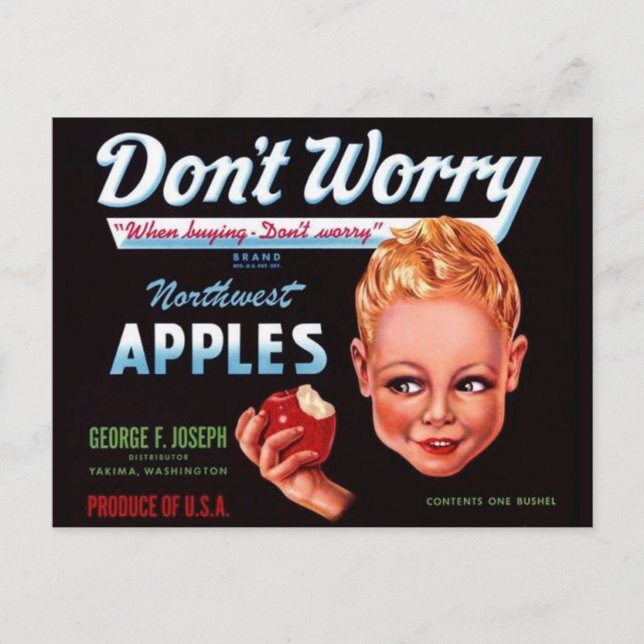 1930s Don’t Worry brand apples fruit crate label Postcard (Front)