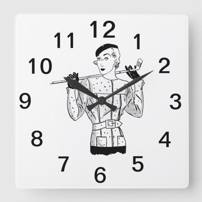 1930s Fashionable Lady Golfer with Golf Club Square Wall Clock (Front)
