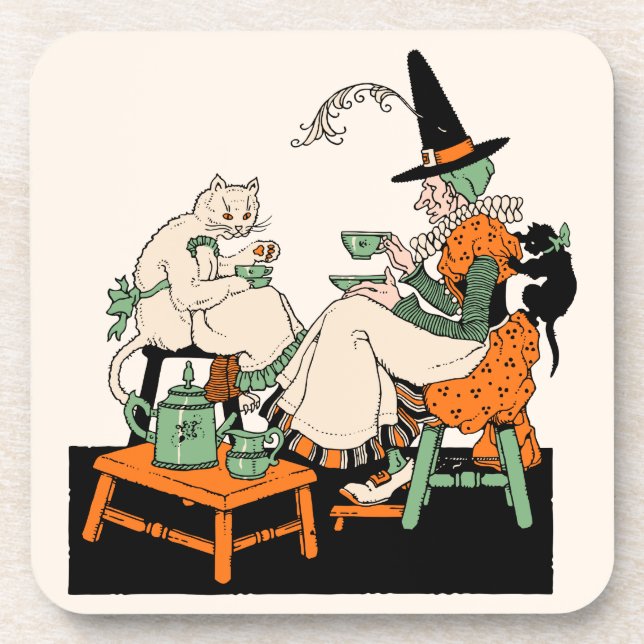 1930s Halloween Witch Sharing Tea with Her Cats Coaster (Front)