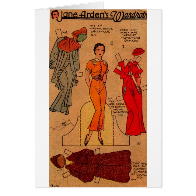 1930s Jane Arden paper doll blue dress red dress (Front)