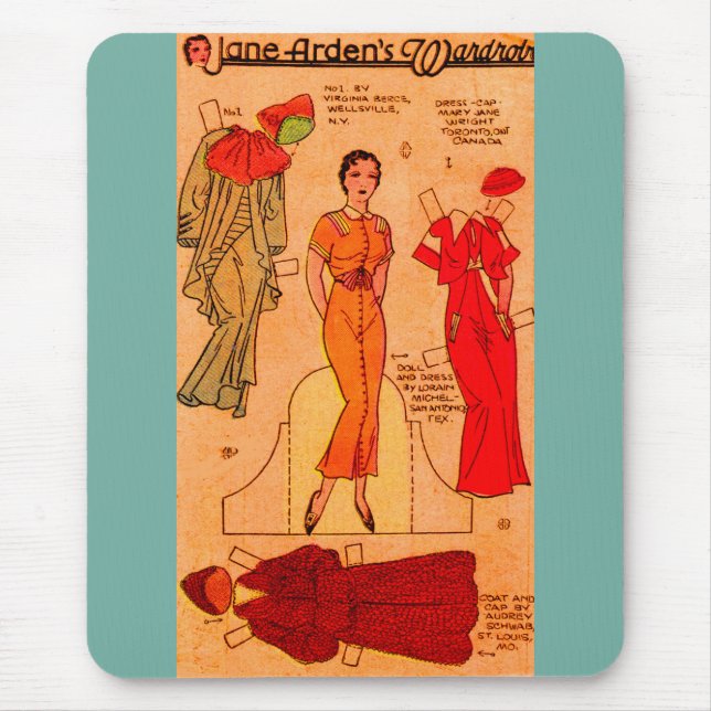 1930s Jane Arden paper doll blue dress red dress Mouse Mat (Front)