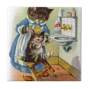 1930s kitty cat mama washes her kitten tile