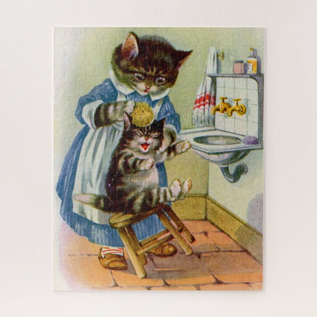 1930s kitty mama washes her kitten jigsaw puzzle (Vertical)