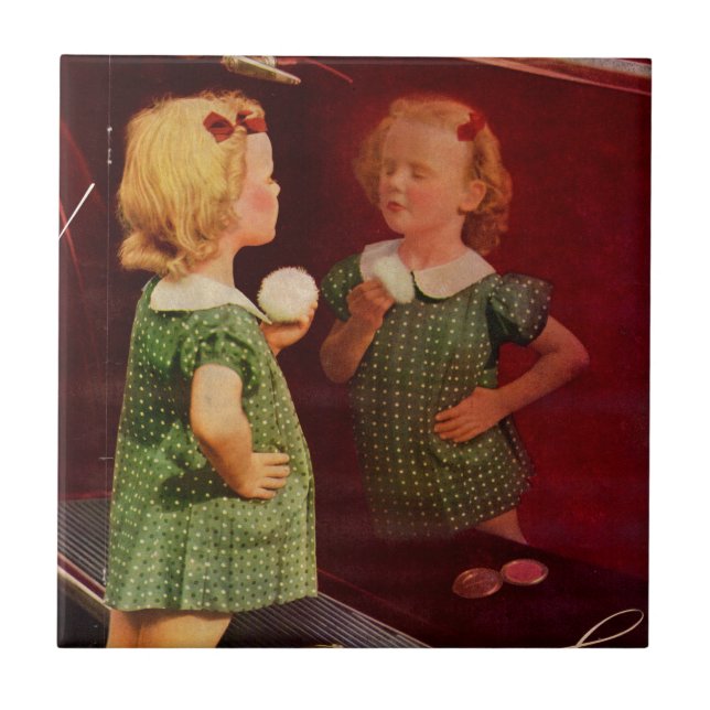 1930s little girl looking in the mirror tile (Front)