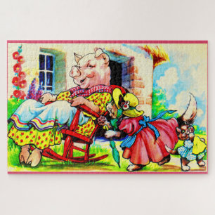 1930s mama kitty and baby kitty visit pig jigsaw puzzle