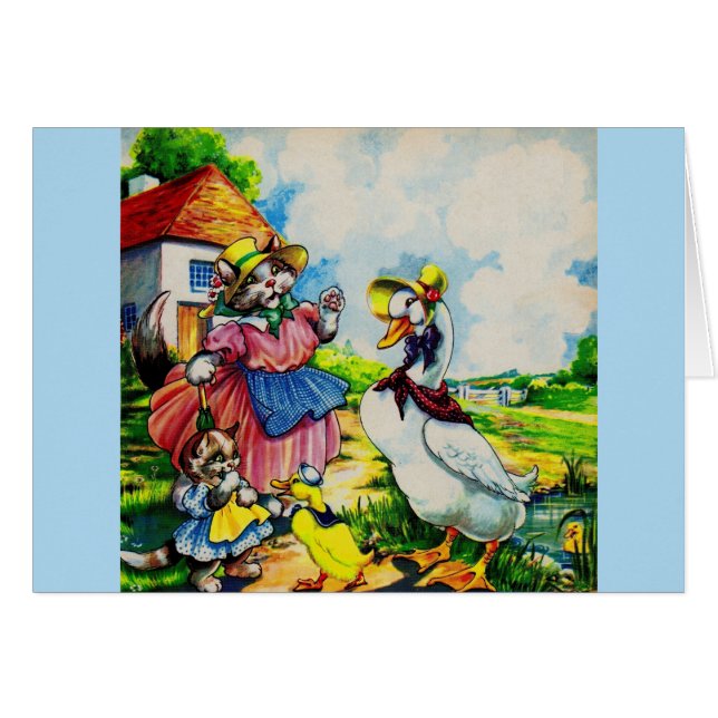 1930s mama kitty cat and baby kitty visit ducks (Front Horizontal)