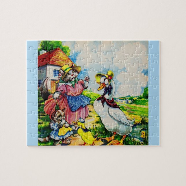1930s mama kitty cat and baby kitty visit ducks jigsaw puzzle (Horizontal)