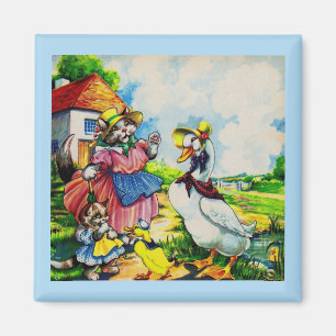 1930s mama kitty cat and baby kitty visit ducks magnet