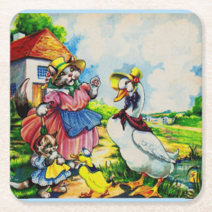 1930s mama kitty cat and baby kitty visit ducks square paper coaster