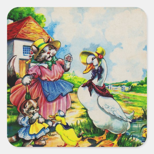 1930s mama kitty cat and baby kitty visit ducks square sticker (Front)