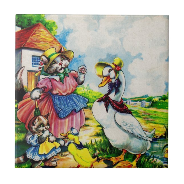 1930s mama kitty cat and baby kitty visit ducks tile (Front)