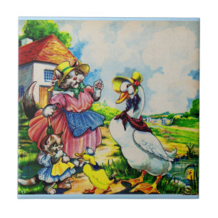 1930s mama kitty cat and baby kitty visit ducks tile