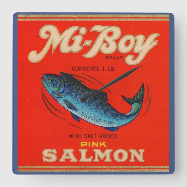 1930s Mi-Boy pink salmon can label Square Wall Clock (Front)