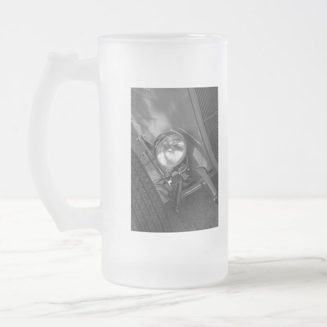 1930's Roadster Grayscale Frosted Glass Beer Mug (Left)