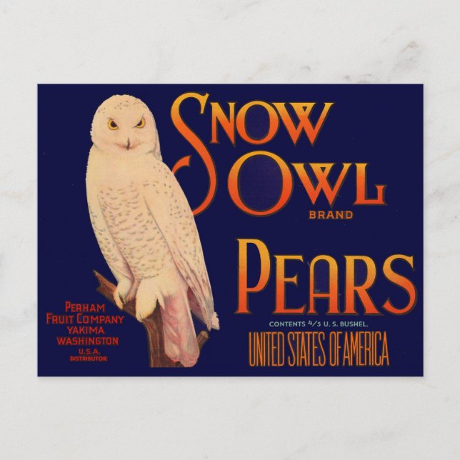 1930s Snow Owl brand pears fruit crate  label Postcard (Front)