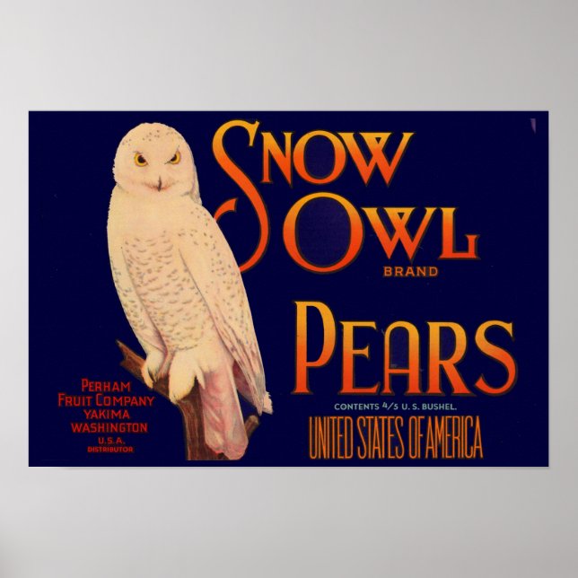 1930s Snow Owl brand pears fruit crate  label Poster (Front)