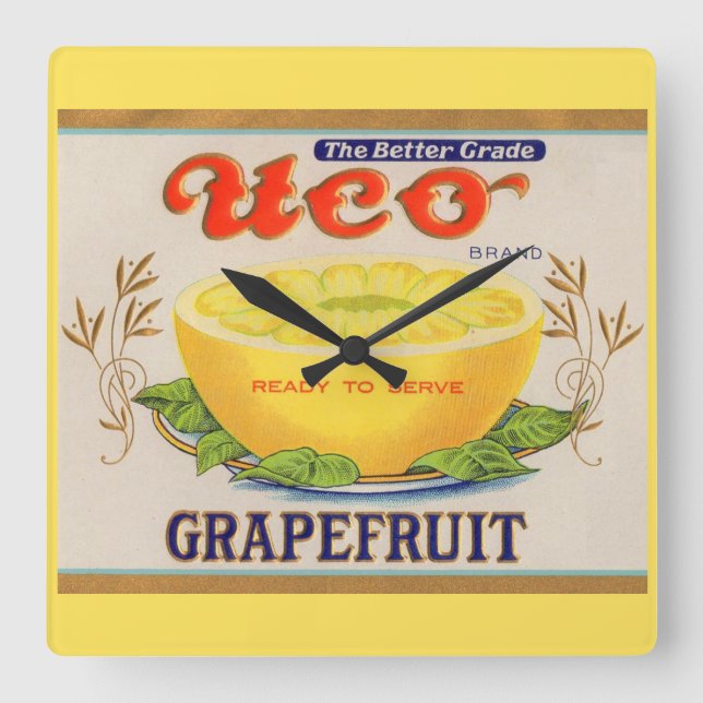 1930s Uco Brand Grapefruit label Square Wall Clock (Front)